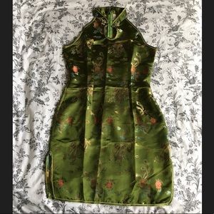 Green silk short cheongsam qipao dress